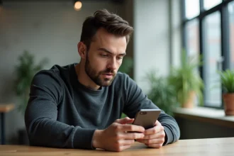 Homme examinant un smartphone pliable dernier cri dans un bureau moderne et minimaliste
