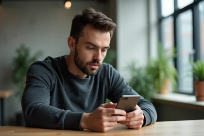 Homme examinant un smartphone pliable dernier cri dans un bureau moderne et minimaliste