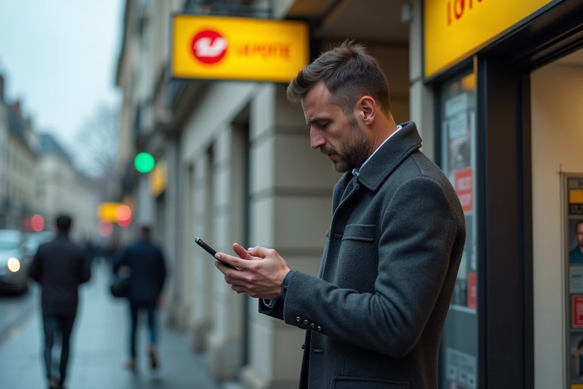 Un homme stressé consulte son application bancaire La Banque Postale en urgence devant une agence La Poste