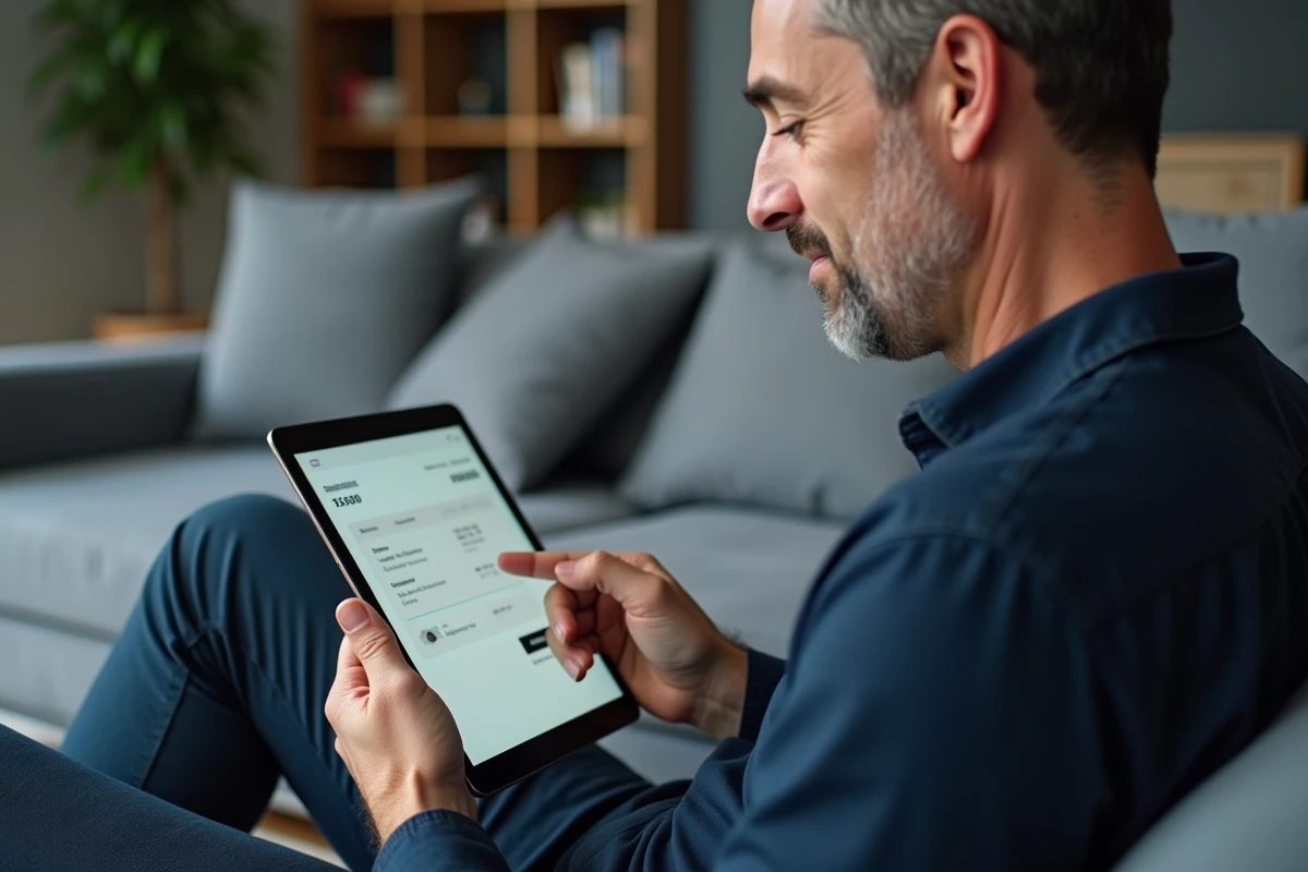 Homme utilisant une tablette pour finaliser un achat Amazon via PayPal dans un salon