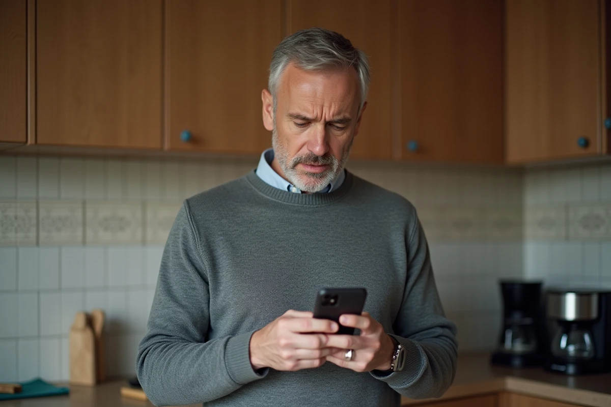 Homme vérifiant les frais de résiliation d'un abonnement sur son téléphone dans une cuisine