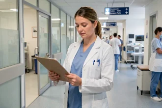 Infirmière en blouse blanche dans un couloir d'hôpital suisse moderne consultant des documents médicaux