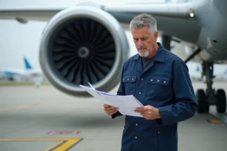 Ingénieur aéronautique inspectant un moteur de réacteur sur le tarmac d'un aéroport industriel, symbolisant l'activité de Safran dans le secteur aérospatial