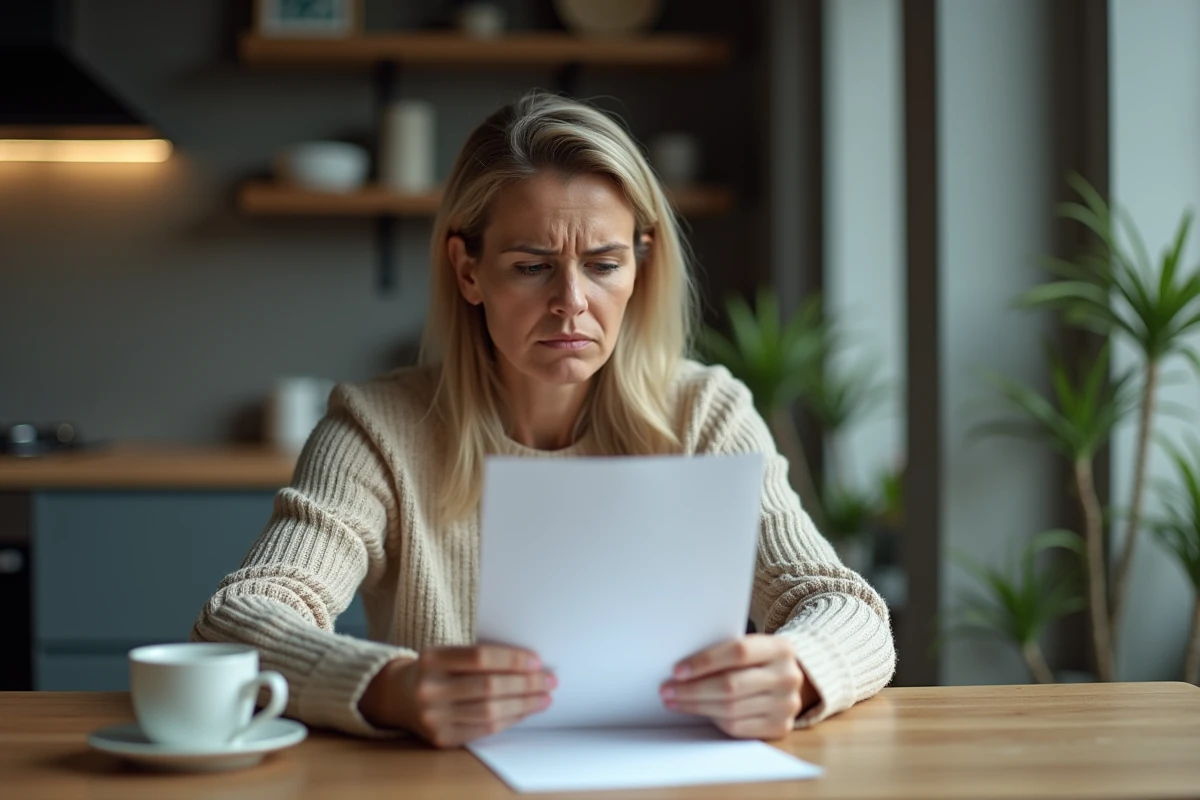 Femme lisant une lettre de refus de prêt bancaire à son domicile avec une expression inquiète