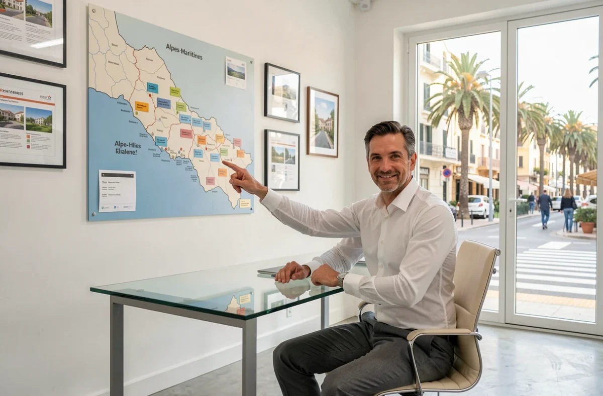 Un conseiller de l'agence Investissement Locatif Nice présente une carte des biens disponibles dans les Alpes-Maritimes depuis son bureau moderne