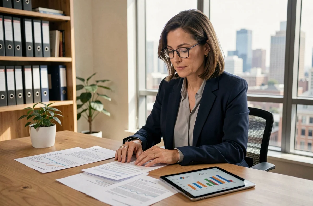 Femme investisseuse étudiant un portefeuille SCPI sur tablette dans un bureau professionnel moderne