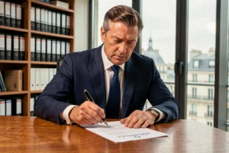 Homme d'affaires analysant des documents d'investissement SCPI dans un bureau moderne à Paris