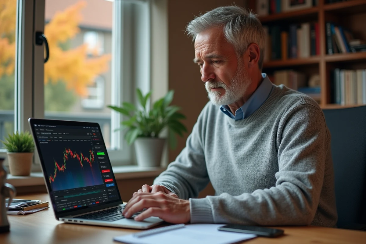 Investisseur particulier analysant des options d'achat sur ordinateur portable dans un bureau à domicile en automne
