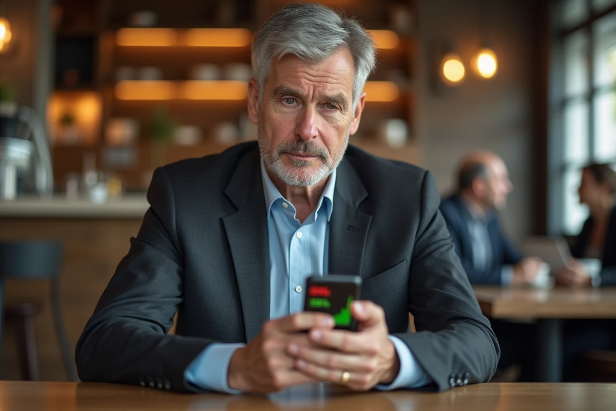 Investisseur consultant son portefeuille boursier sur smartphone pour décider du meilleur moment de vendre une action