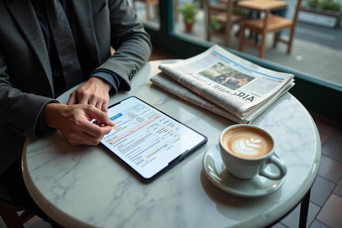 Investisseur consultant un récapitulatif boursier pré-ouverture sur smartphone et journal financier dans un café