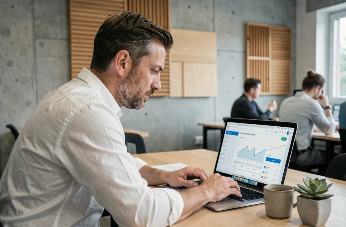Jeune investisseur consultant un tableau de bord de placements SCPI sur ordinateur dans un espace de coworking