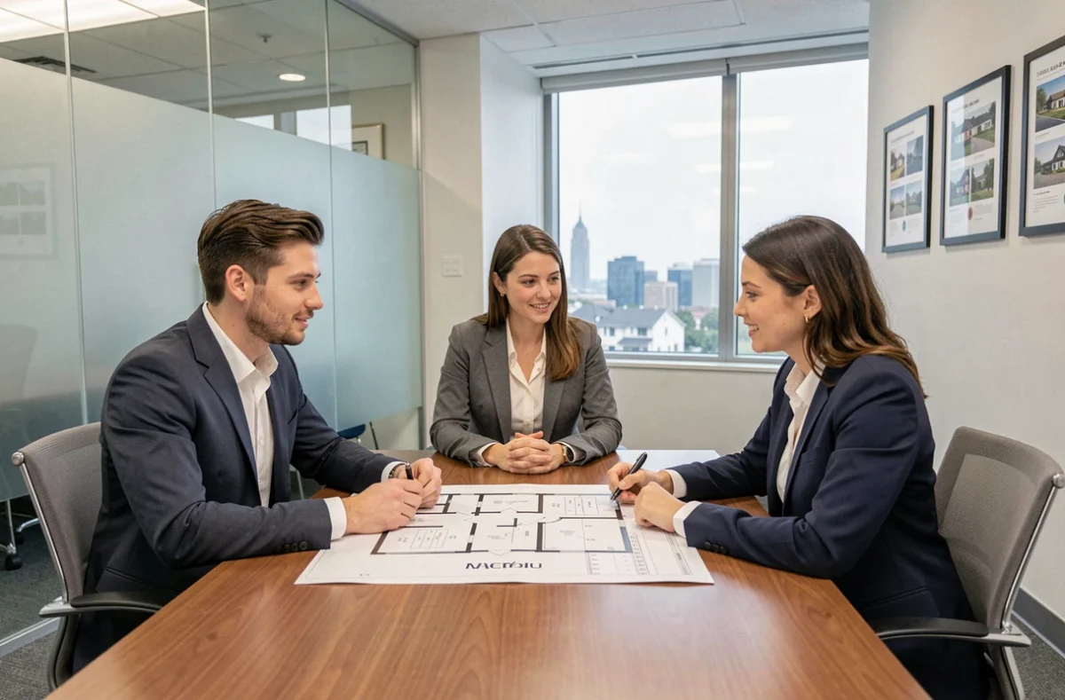 Jeune couple discutant d'un projet d'investissement locatif avec un agent immobilier en agence