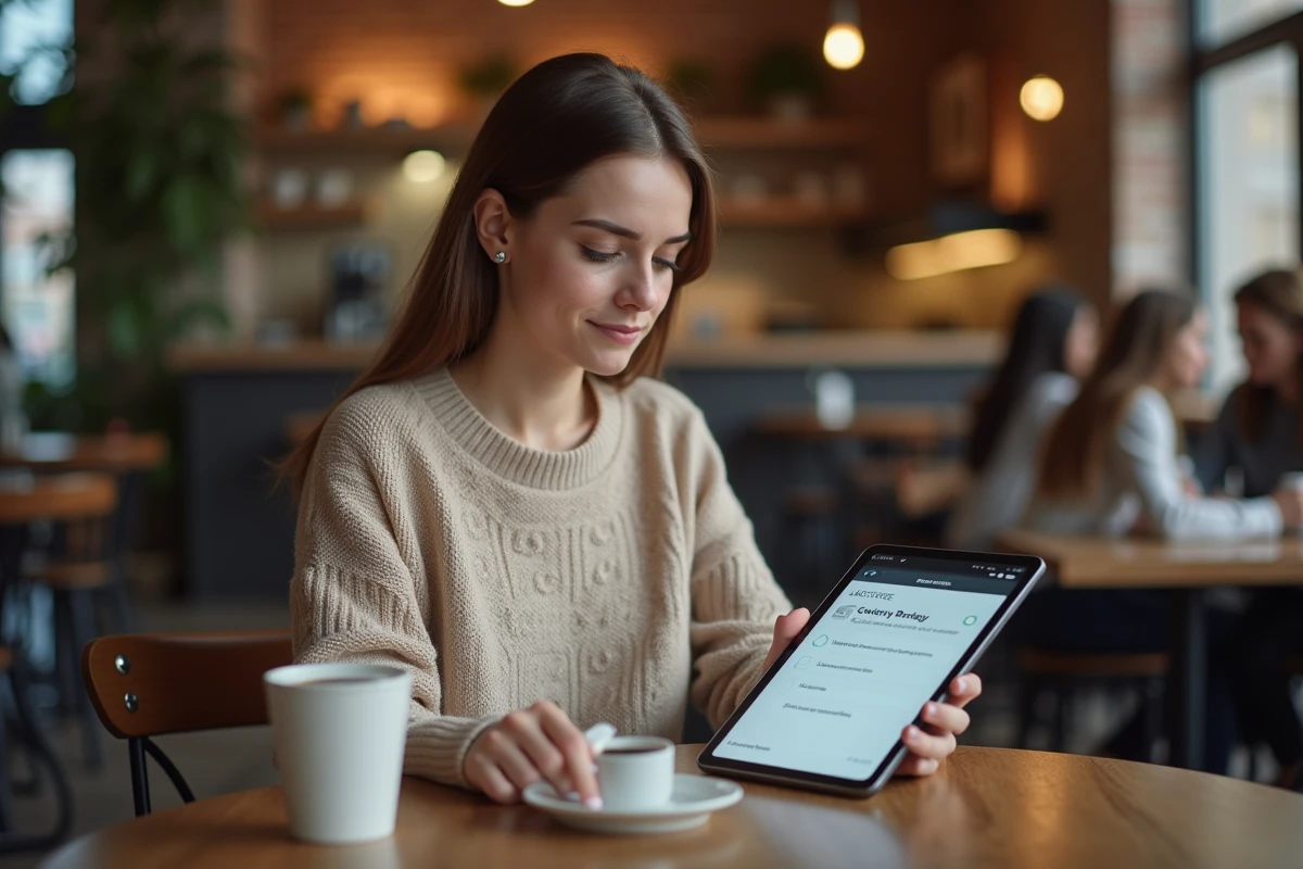 Jeune femme en café récupérant l'accès à son compte Le Fil du Crédit Agricole après un mot de passe oublié