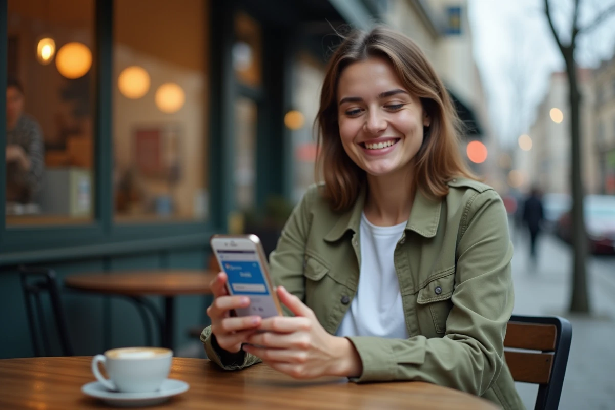 Jeune femme consultant la confirmation de paiement PayPal sur Amazon depuis son téléphone dans un café