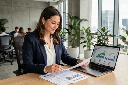 Jeune femme professionnelle analysant des documents d'investissement locatif dans un espace de coworking moderne