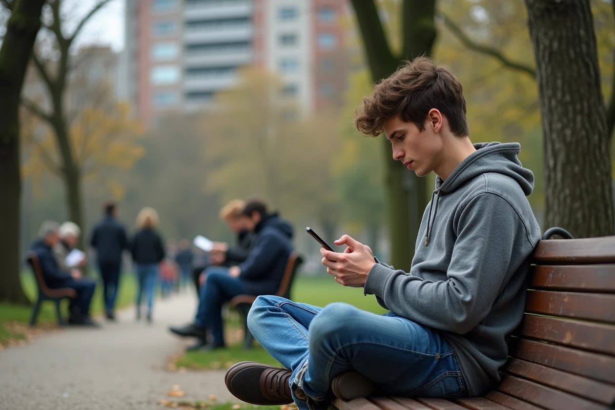 Jeune homme consultant l'actualité sur son smartphone dans un parc urbain animé, évoquant le rôle des médias numériques dans les changements de société contemporains