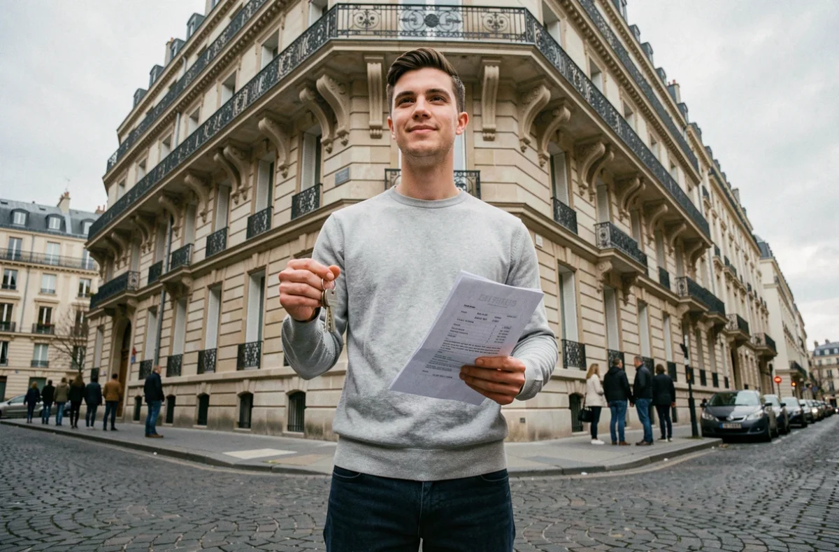 Jeune homme tenant des clés devant un immeuble parisien symbole d'investissement locatif réussi