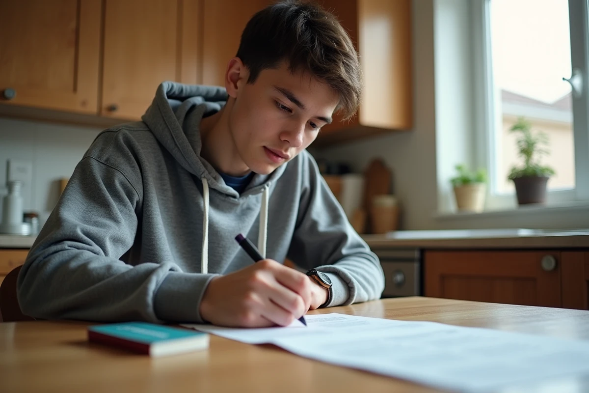 Jeune homme de 18 ans remplissant un formulaire d'ouverture de compte bancaire pour obtenir une carte de paiement à la maison