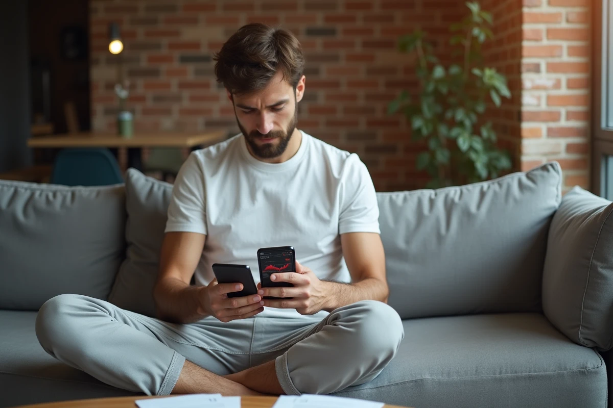 Jeune homme inquiet regardant son portefeuille de cryptomonnaies en perte sur son smartphone dans un appartement moderne