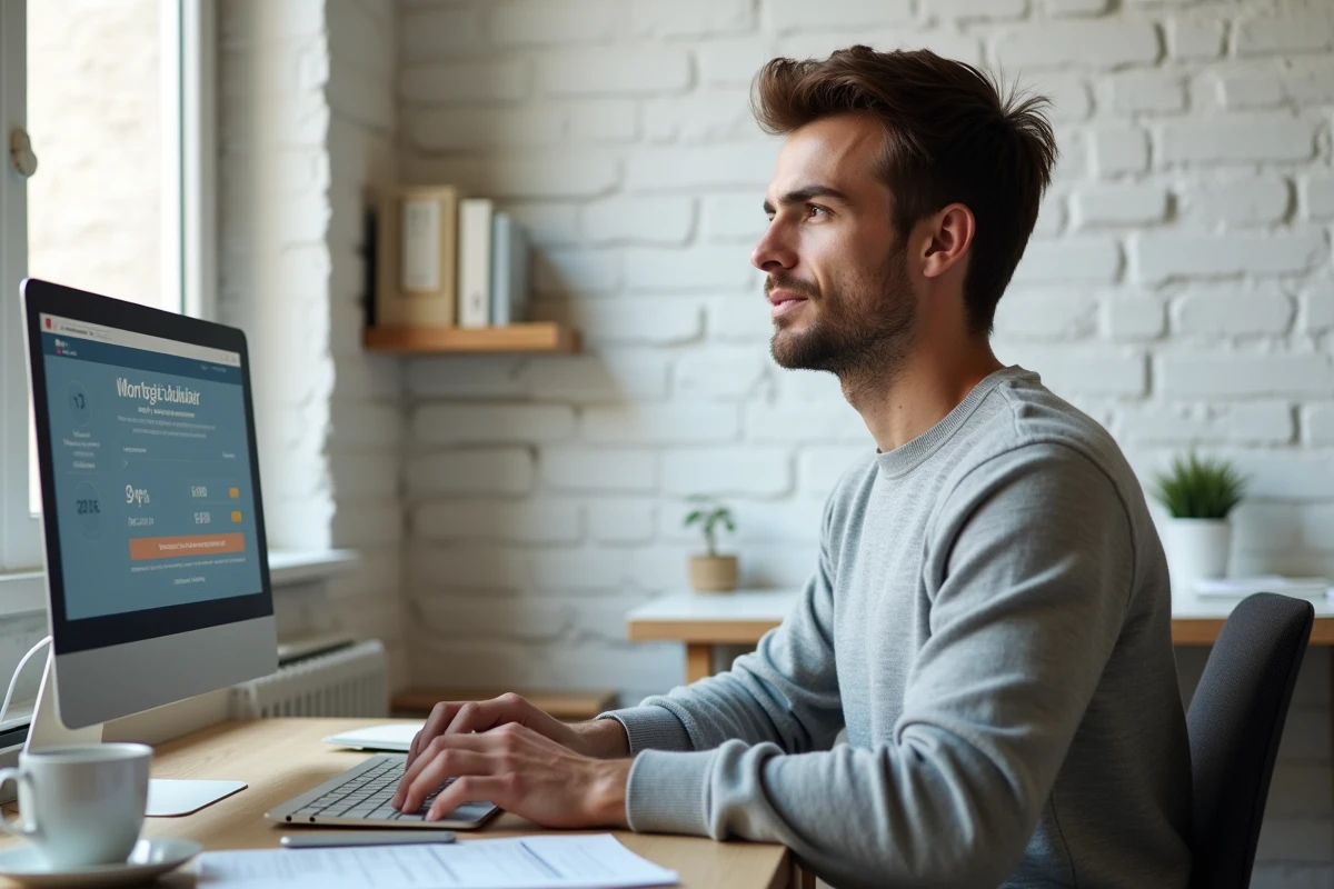 Jeune professionnel calculant le salaire nécessaire pour emprunter 220 000 euros sur 25 ans depuis son bureau à domicile