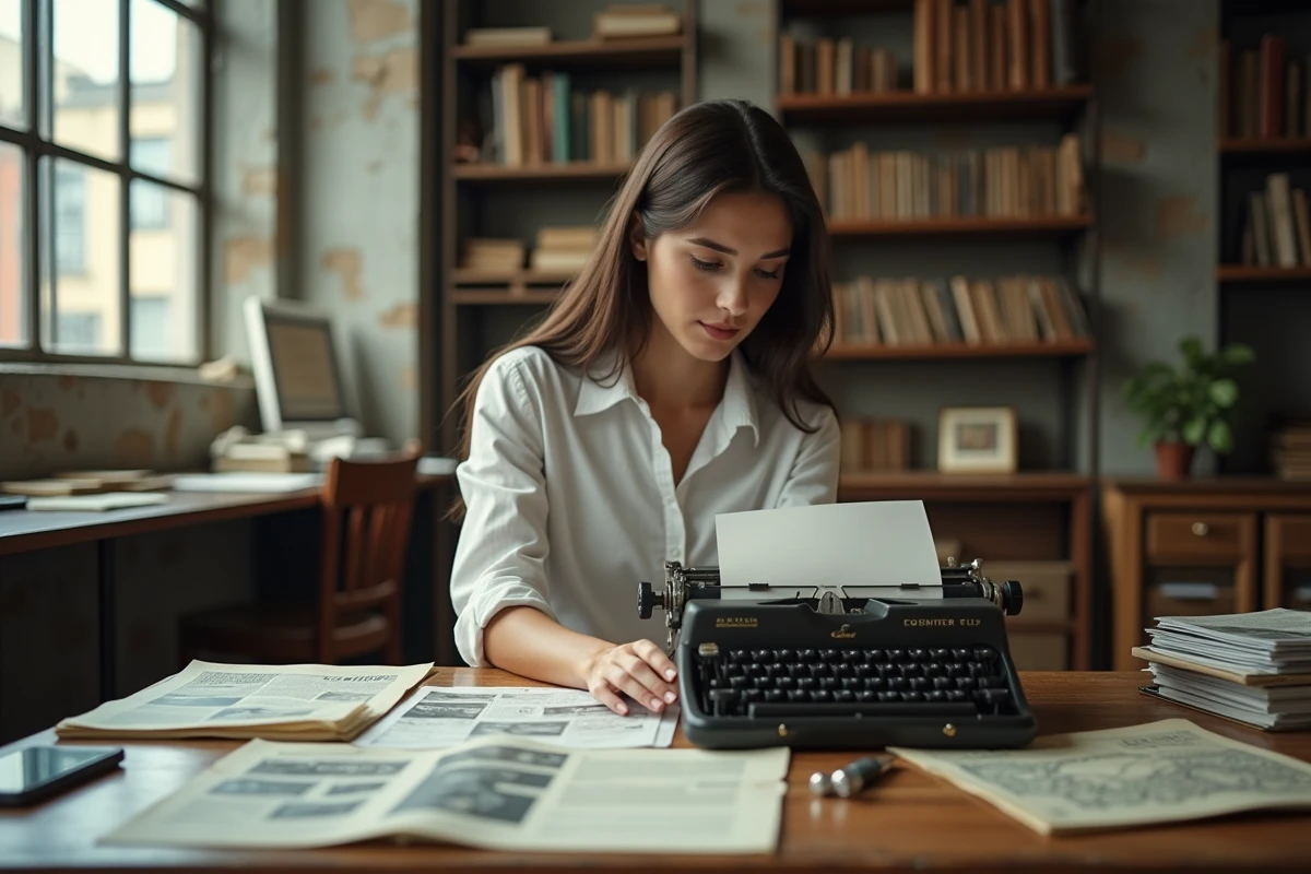 Journaliste travaillant sur une machine à écrire vintage entourée de photos et de notes dans une salle de rédaction rétro