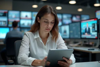Journaliste femme consultant une tablette dans une salle de rédaction numérique moderne avec des écrans d'actualités en arrière-plan