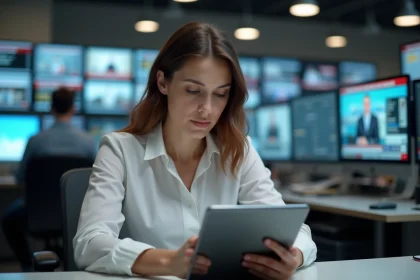 Journaliste femme consultant une tablette dans une salle de rédaction numérique moderne avec des écrans d'actualités en arrière-plan