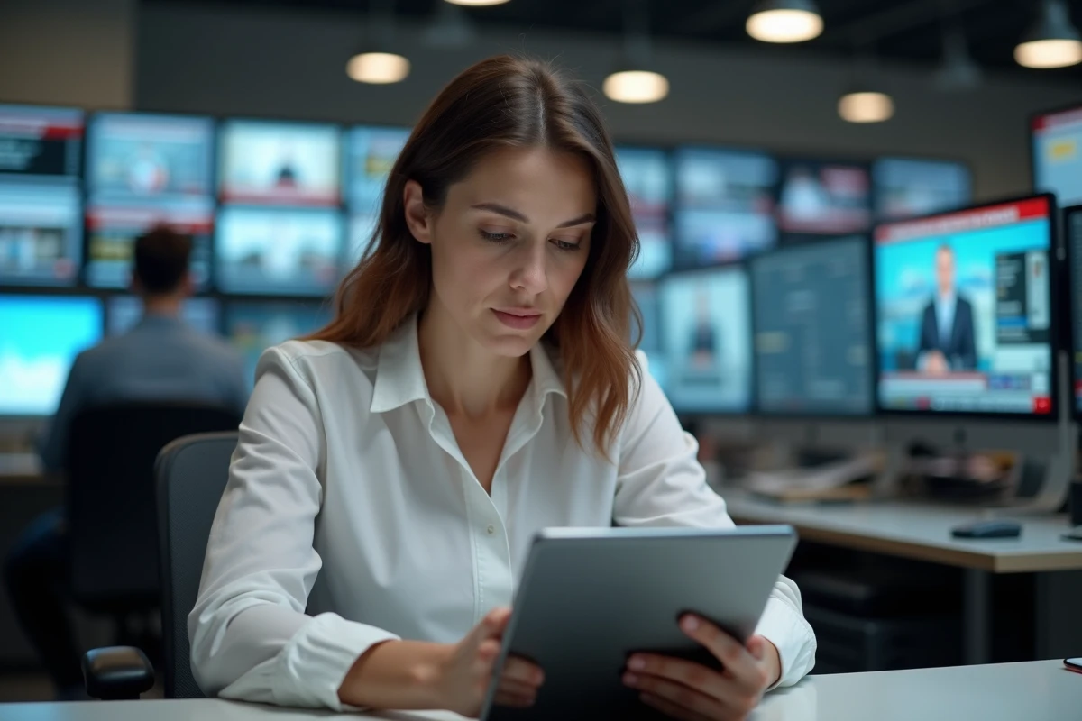 Journaliste femme consultant une tablette dans une salle de rédaction numérique moderne avec des écrans d'actualités en arrière-plan
