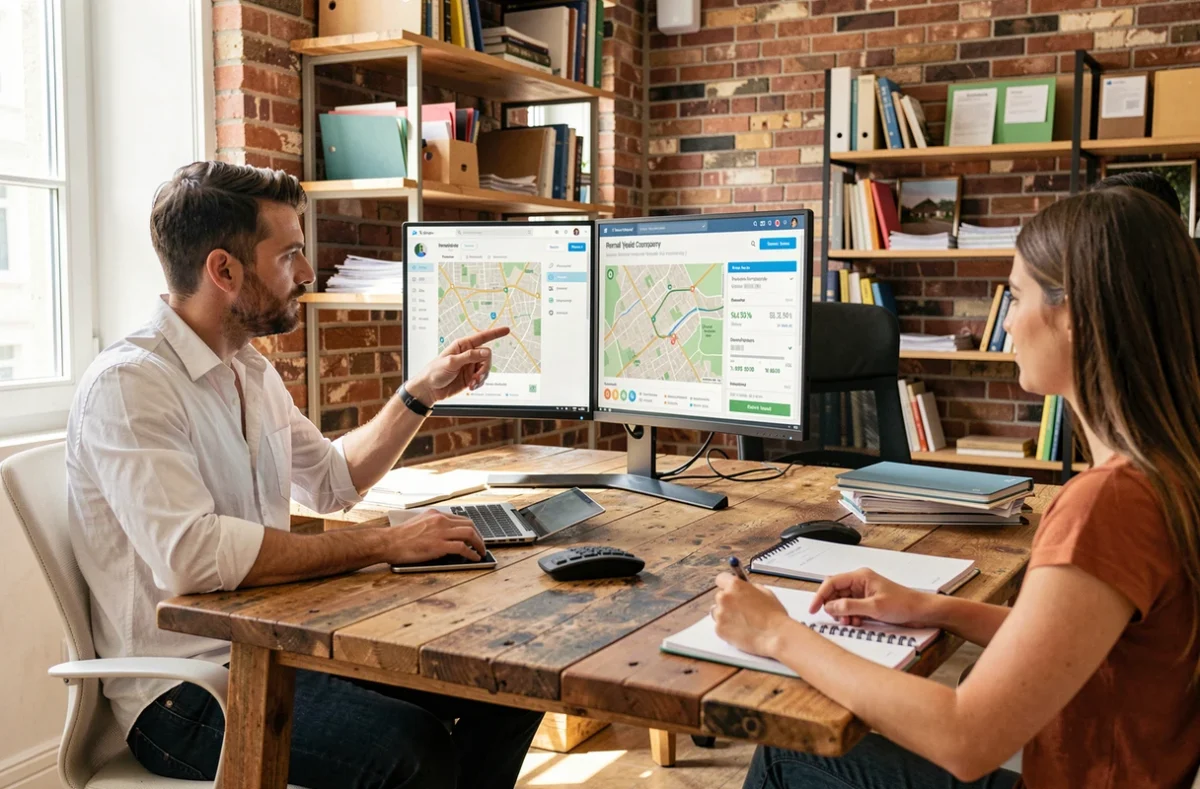 Un conseiller du Bon Plan Immo analyse des données de rendement locatif sur deux écrans avec un jeune couple d'investisseurs dans son bureau niçois