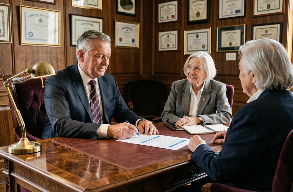 Conseiller du Conservateur Bureau Alpes Méditerranée examinant un plan d'épargne avec un couple de clients dans un bureau traditionnel raffiné