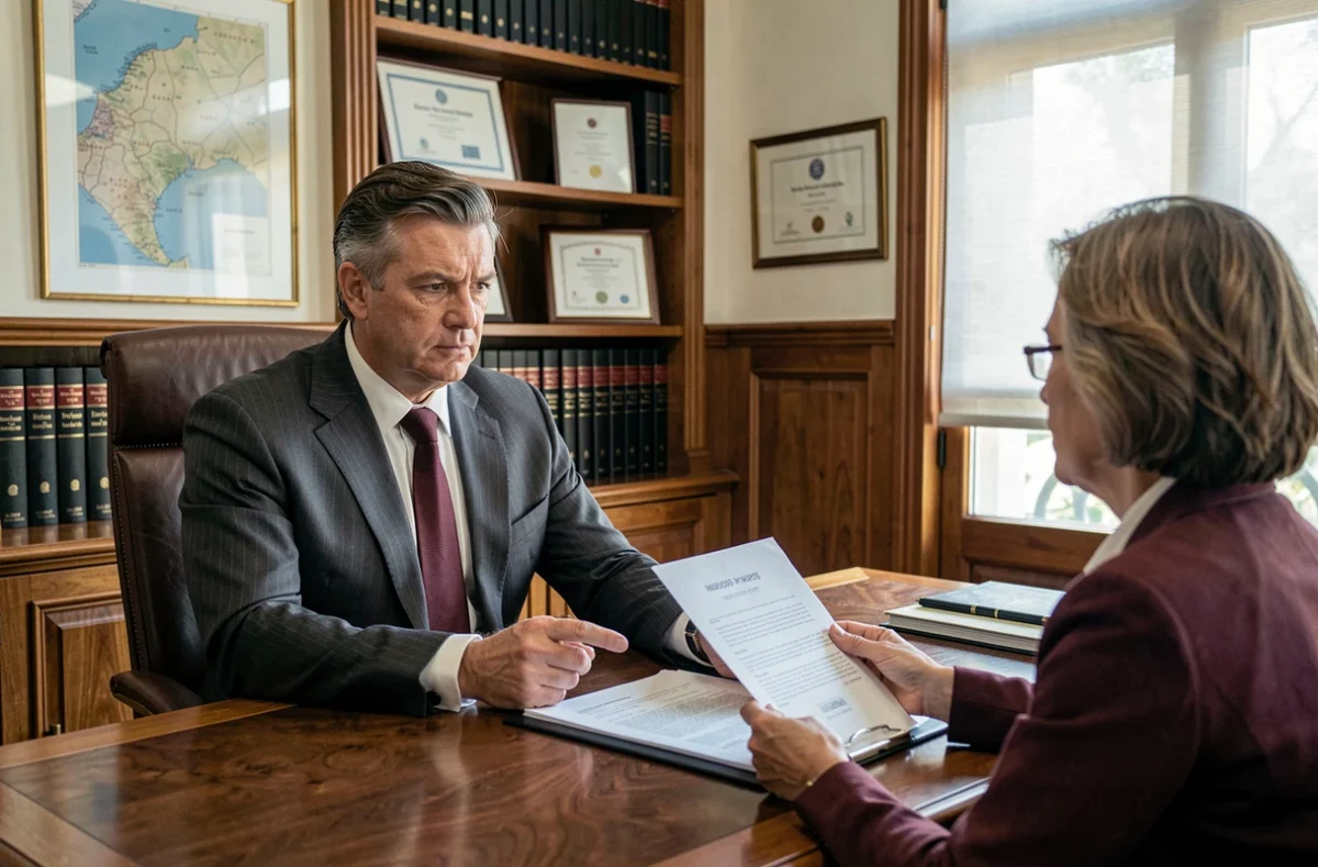 Un conseiller juridique et financier du Droit d'Investir explique les droits d'investissement locatif à une cliente dans son cabinet formel de Nice