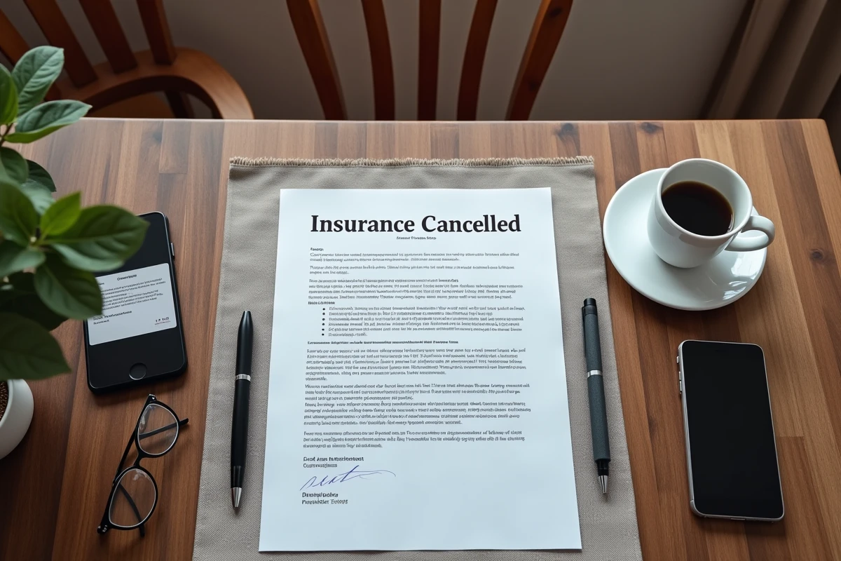 Lettre d'annulation d'assurance posée sur une table avec stylo et téléphone, vue de dessus