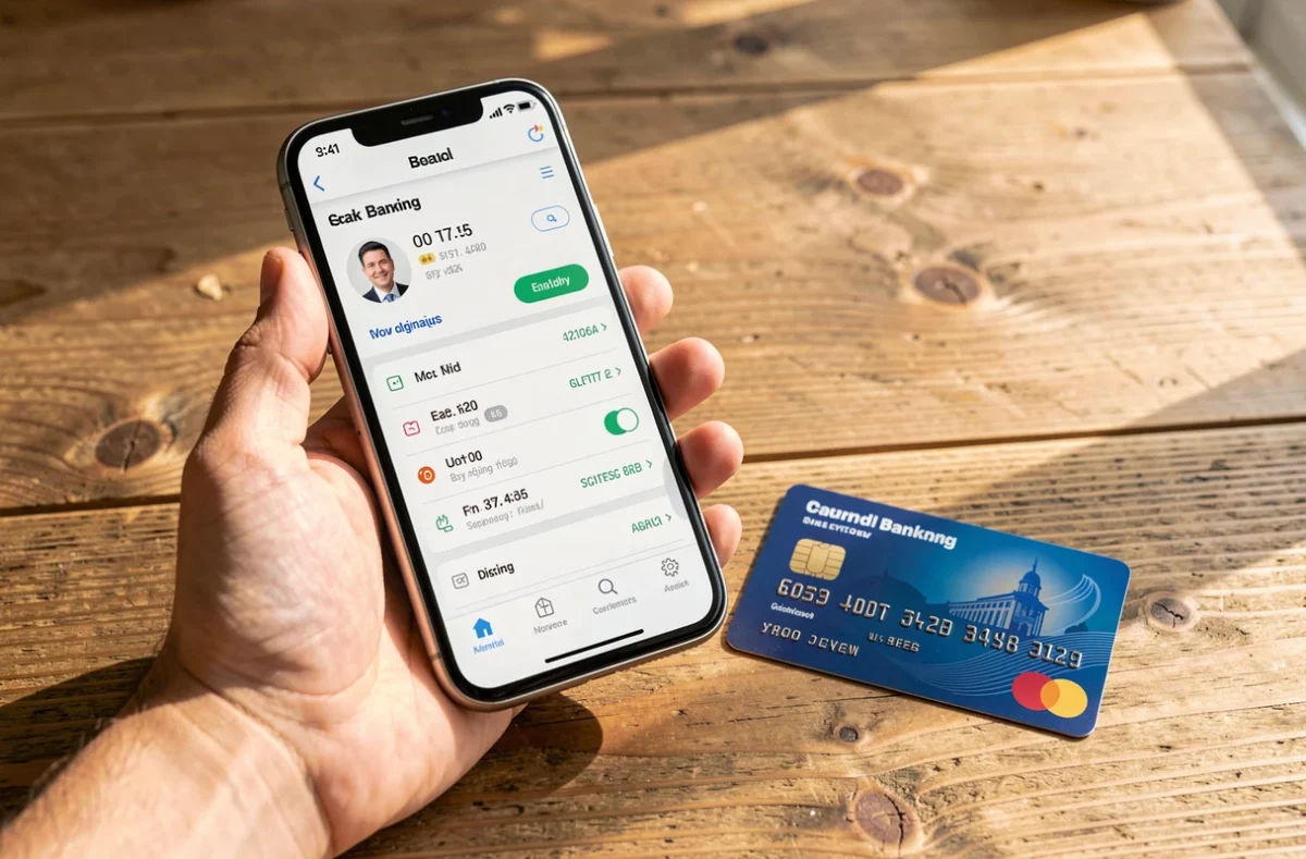 Main tenant un téléphone avec une application bancaire à côté d'une carte