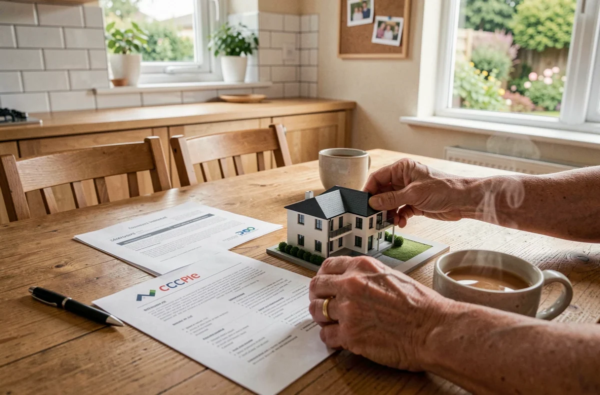 Mains d'une personne âgée organisant des documents SCPI et une maquette immobilière pour planifier une succession