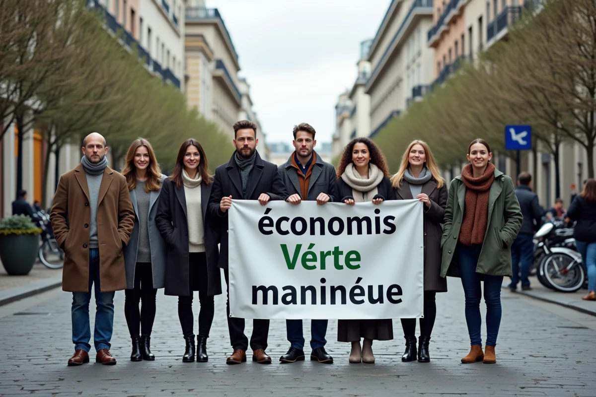 Groupe de professionnels en milieu urbain tenant une bannière pour une économie verte illustrant le lien entre politique économique et environnement