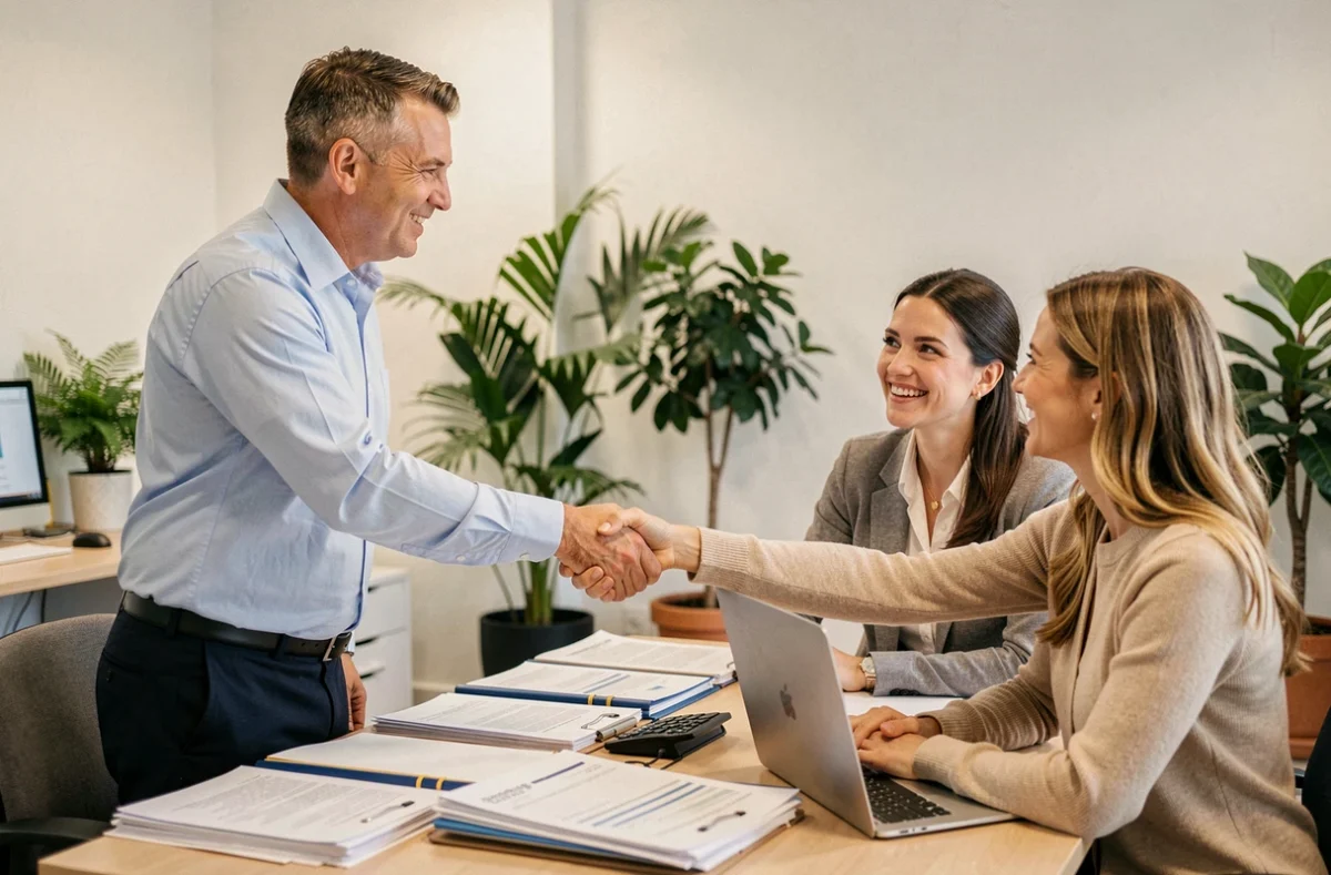 Courtier Meilleurtaux Toulon concluant un accord avec des clients pour un prêt immobilier