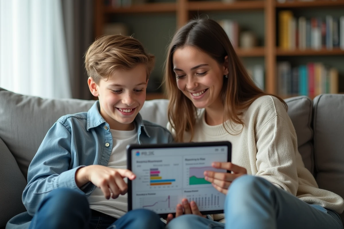 Mère et fils adolescent consultant ensemble un tableau de bord de budget familial sur une tablette numérique dans un salon contemporain