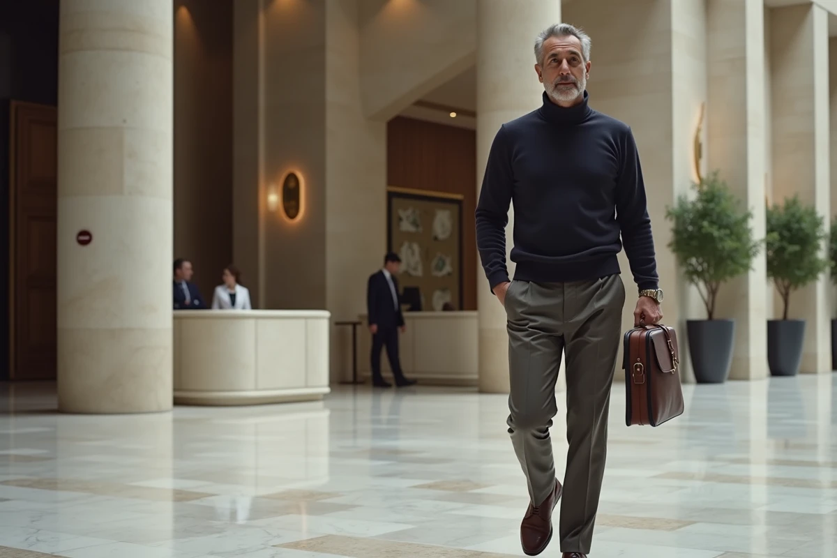 Milliardaire en turtleneck cachemire traversant le hall en marbre d'un bâtiment privé de prestige avec une allure assurée et décontractée