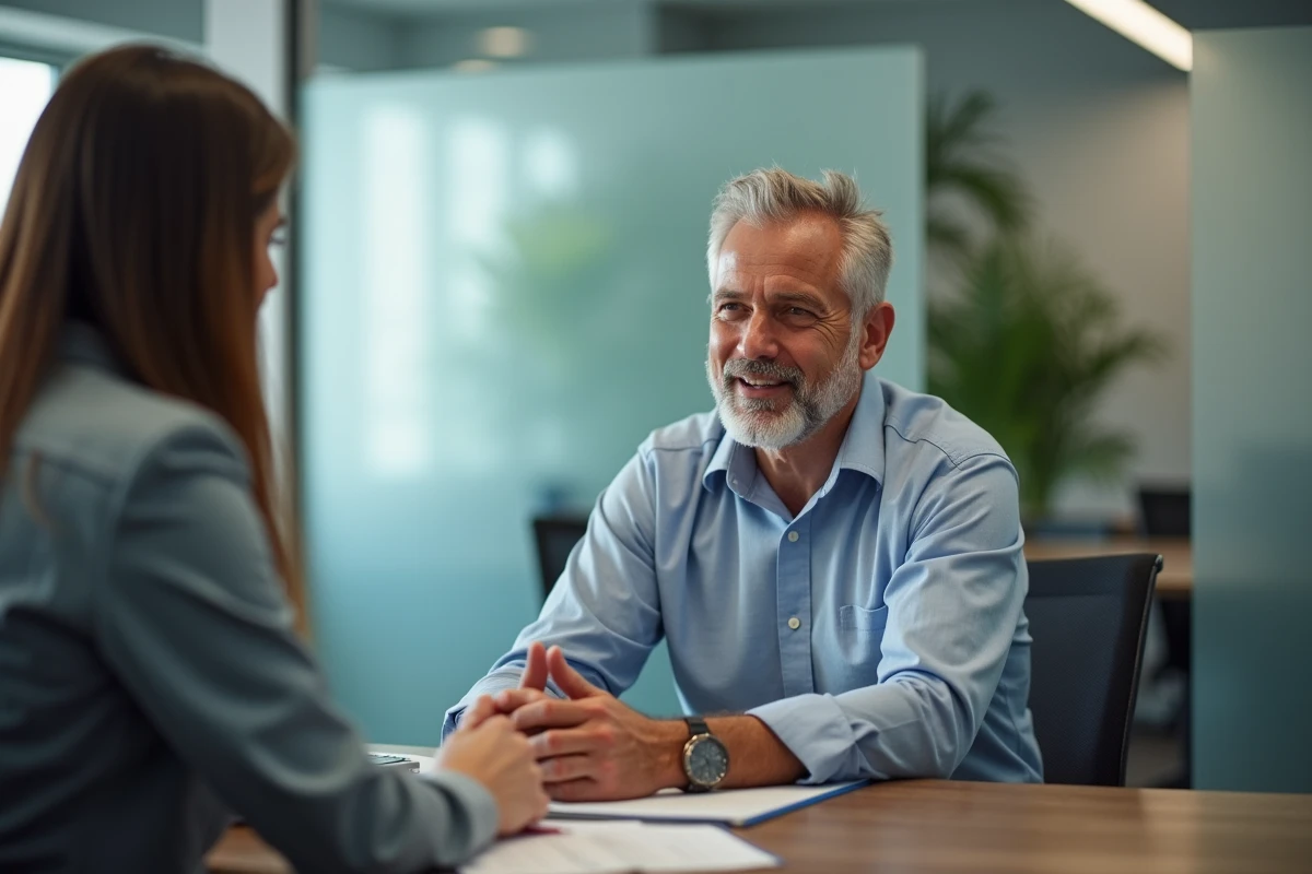 Homme en discussion avec un conseiller en assurance auto dans une agence professionnelle, représentant le moment clé de la négociation d'un contrat