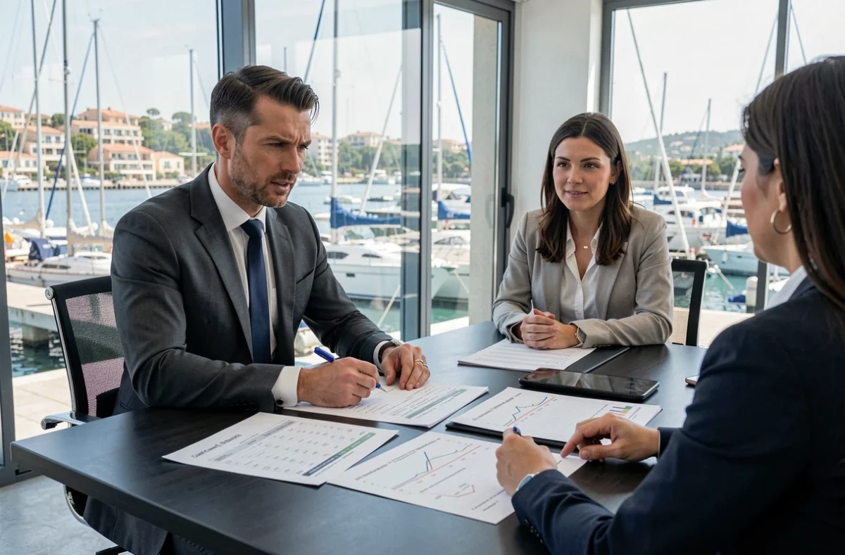 Un conseiller de Nemeos Immobilier analyse des rapports de rendement locatif avec des clients dans un bureau vitré donnant sur le port d'Antibes