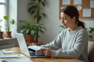 Femme scannant d'anciens bulletins de paie papier pour les archiver sur une plateforme numérique comme myarkevia.com