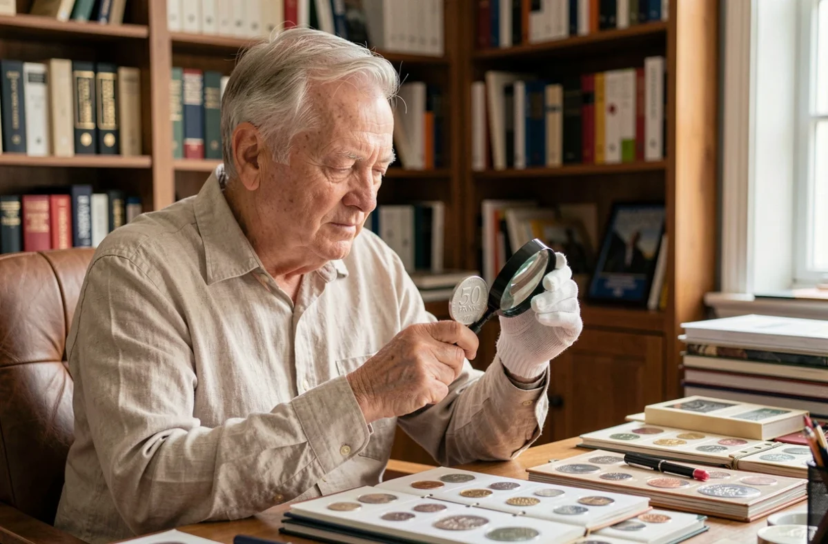 Numismate âgé examinant une pièce de 50 francs argent 1977 avec une loupe dans son bureau de collectionneur