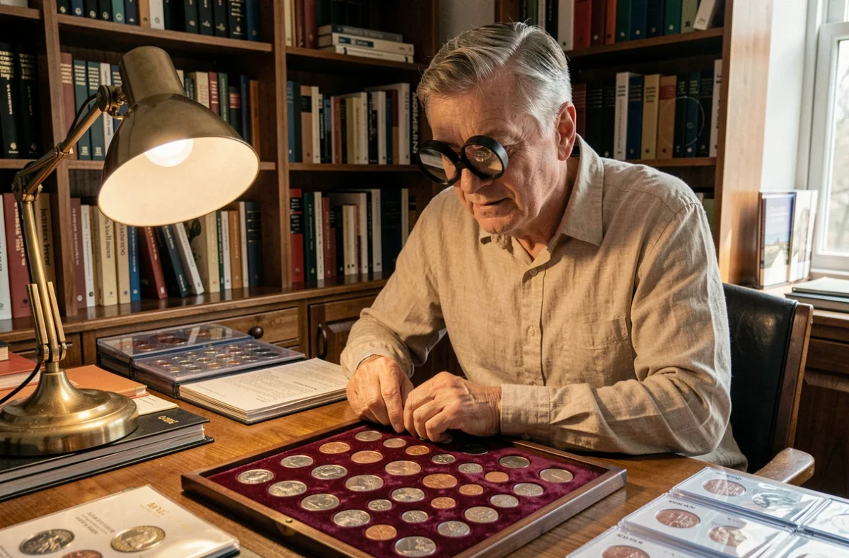 Numismate expérimenté examinant des pièces de 50 centimes rares avec une loupe sur un plateau de collection en velours
