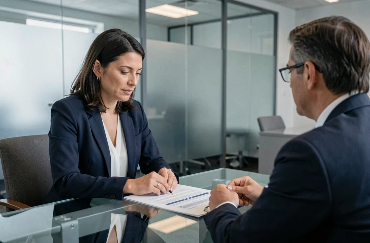 Femme discutant de l'option au barème progressif avec un conseiller financier dans un bureau professionnel moderne