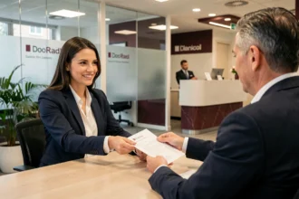 Une femme ouvre un compte bancaire à la Banque Populaire Val de France avec l'aide d'un conseiller en agence