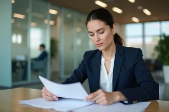 Une femme professionnelle ouvre un compte bancaire HSBC dans une agence moderne et épurée