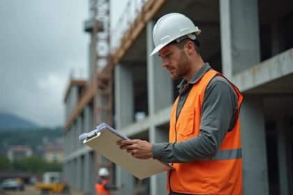 Ouvrier de la construction en Suisse consultant un document sur un chantier, illustrant les différences de salaires minimum par secteur
