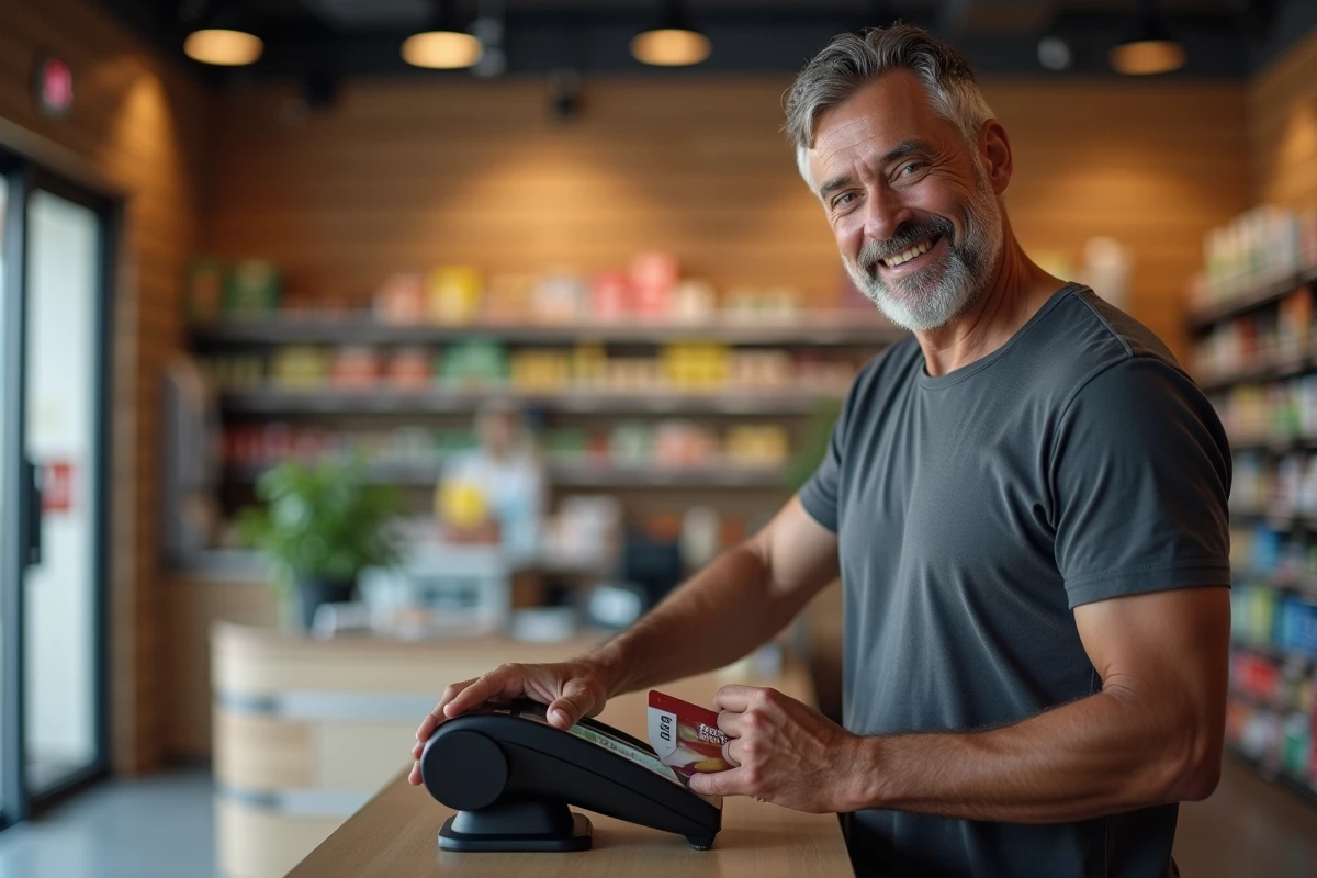 Homme effectuant un paiement sans contact avec une carte prépayée dans un commerce urbain