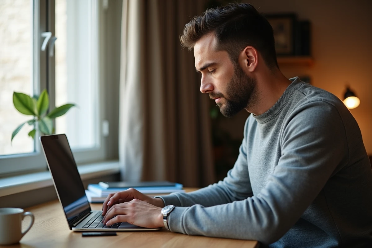 Homme effectuant un paiement en ligne sécurisé avec une clé de sécurité matérielle sur un ordinateur portable à domicile