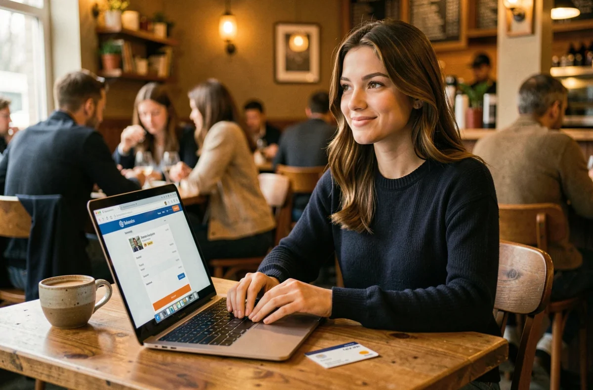 Jeune femme effectuant un paiement en ligne sécurisé avec une carte virtuelle dans un café